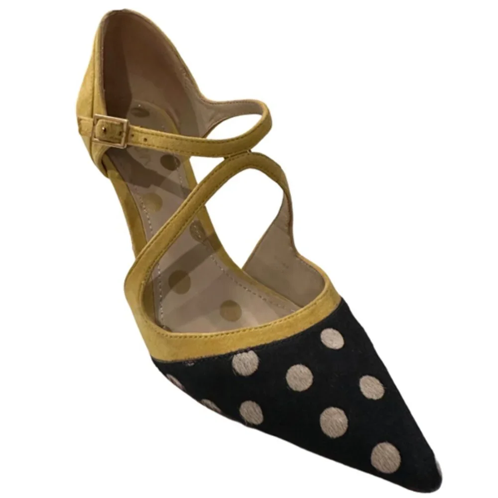 Boden Tisha Polka Dot Cow Hide and Yellow Suede Strappy Heels - Size 8.5 - Picture 6 of 16